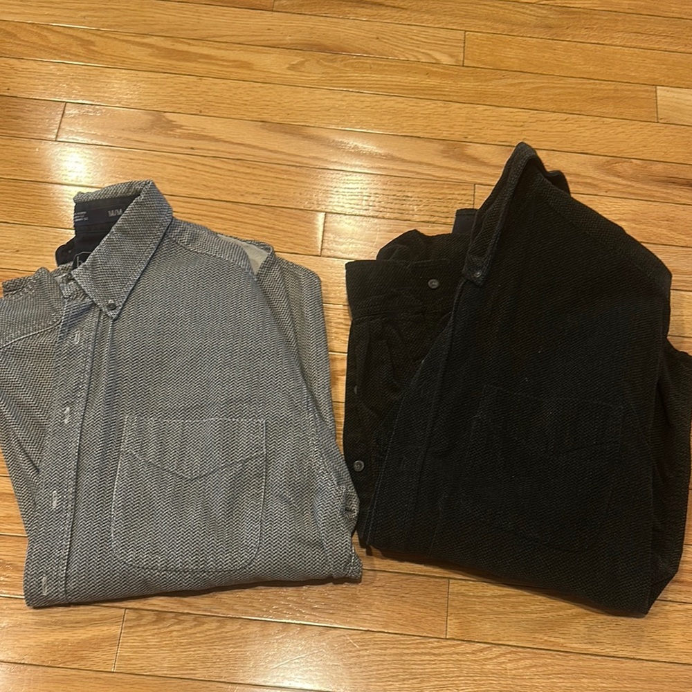 Gray Button-Up Shirt and Black Pants